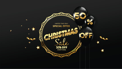 Merry Christmas sale promotion poster banner with product display and decoration background