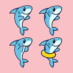 Cute shark cartoon, set of 4, fun and kawaii.