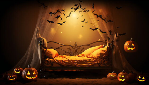 Halloween background with pumpkin at night
Trick or treat! Scary ghost holding lantern in dark. Scary atmospheric halloween decorations and person dressed as ghost with glowing pumpkin. Happy Hallowee