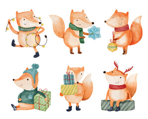 Fox . Christmas theme . Watercolor paint cartoon characters . Isolated . Set 2 of 4 . illustration .
