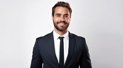 Portrait of handsome caucasian man in formal suit looking at camera smiling with toothy smile isolated in white background. Confident businessman ceo boss freelancer manager - obrazy, fototapety, plakaty