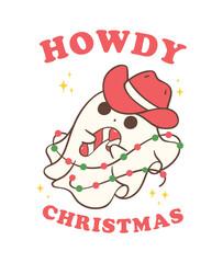 Fototapeta na wymiar Cute and Kawaii Christmas Cowboy Ghost. Festive Holiday Cartoon Hand Drawing with Adorable Pose