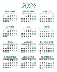 Classic vertical calendar 2024 in Romanian. Days, weeks and months. Print, template, vector