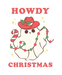 Cute and Kawaii Christmas Cowboy Ghost. Festive Holiday Cartoon Hand Drawing with Adorable Pose