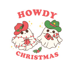 Fototapeta na wymiar Cute and Kawaii Christmas Cowboy Ghosts. Festive Holiday Cartoon Hand Drawing with Adorable Pose