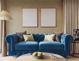 Contemporary home apartment with blue Manchester sofa in cozy living room interior. Wall mockup, 3d rendering