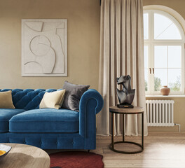 Contemporary home apartment with blue Manchester sofa in cozy living room interior. Wall mockup, 3d rendering