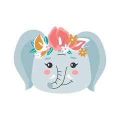 Elephant head with flower crown. Cute Vector illustration for children design, poster, birthday greeting cards. 