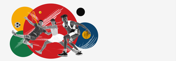 Collage of different professional sportsman isolated abstract colorful geometry, creative background with negative space for text. Concept of kinds of sport.