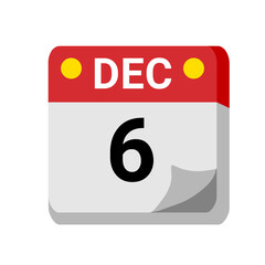6 december calendar isolated on white transparent background for event, birthday, date, month, day, appointment, agenda, business and deadline