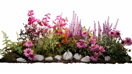 Remove the flowerbed Isolated plants and flowers on a white background Flower bed for landscaping or landscape design Image of high quality for professional composition.