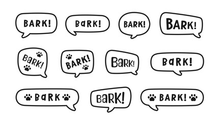 Bark text in a speech bubble balloon outline doodle set. Cute cartoon comics dog sound effect and lettering. Vector illustration.