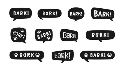 Bark text in a speech bubble balloon silhouette set. Cute cartoon comics dog sound effect and lettering. Vector illustration.