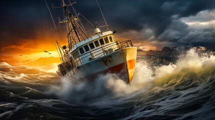 Fishing trawler in stormy sea, 3d render. 
Fishing boat in wavy ocean at sunset - obrazy, fototapety, plakaty