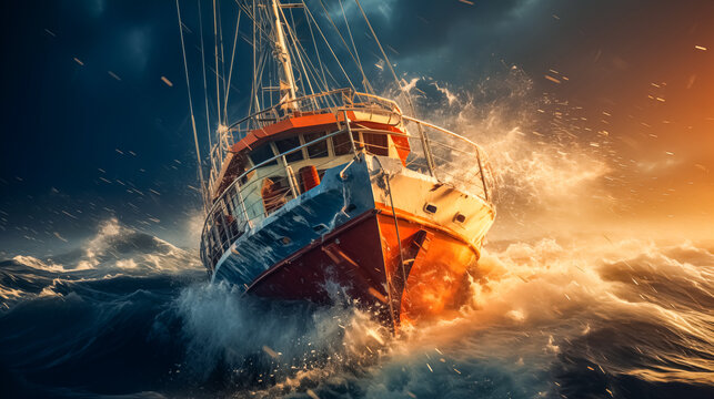 Fishing trawler in stormy sea, 3d render. 
Fishing boat in wavy ocean at sunset