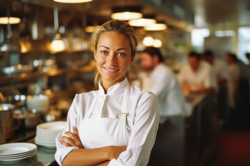 Young, blond female restaurant owner in professional kitchen.