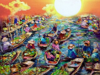 Original art painting Oil color Floating market Thailand countryside