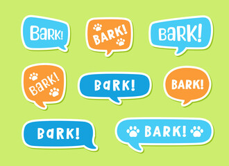 Bark text in a speech bubble balloon set, digital sticker design. Cute cartoon comics dog puppy sound effect and lettering. Textured vector illustration.