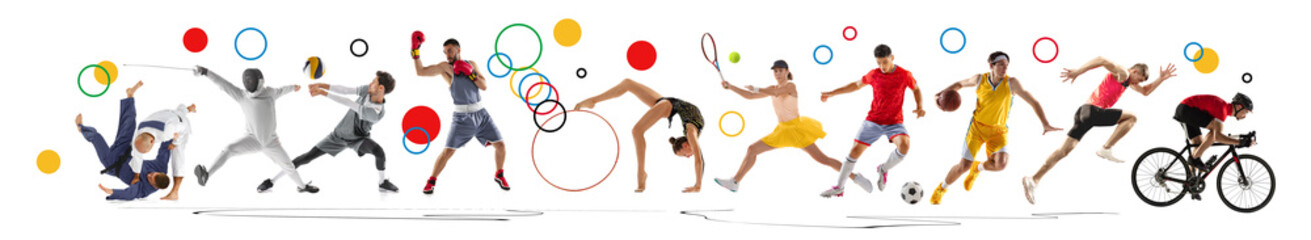 Huge multi sports collage. Professional sportsman, athletic people in motion isolated abstract colorful geometry, creative background.