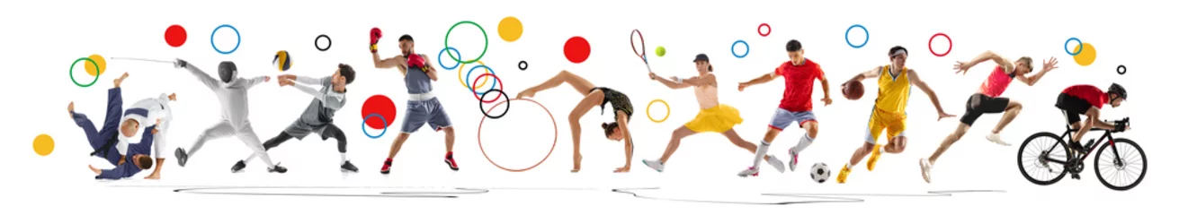 Foto op Canvas Huge multi sports collage. Professional sportsman, athletic people in motion isolated abstract colorful geometry, creative background. © Lustre