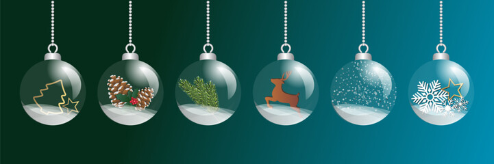 Naklejka premium 6 boules de Noël transparentes avec à l’intérieur des petits objet décoratifs : sapin, pomme de pin, branche, cerf, neige, étoile, snowflake sur un fond dégradé du vert au bleu, 