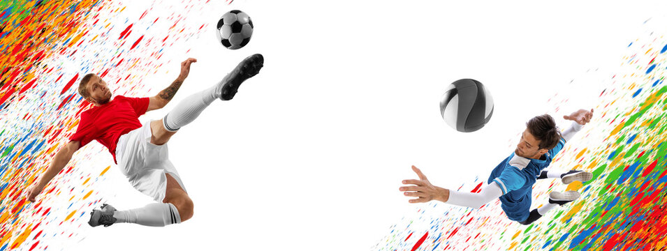 Modern creative collage with two male sportsman, professional volleyball and soccer player in motion against colorful splashes with negative space for text.