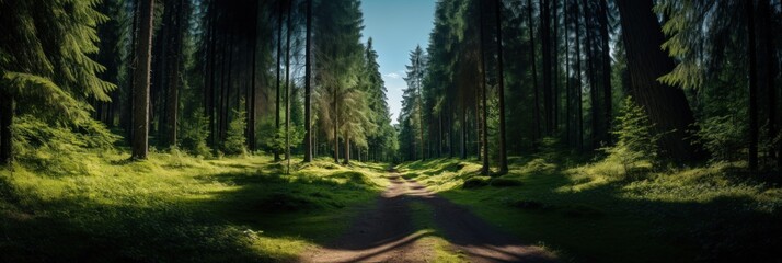 Forest road in coniferous wood, sun's rays penetrate through foliage and create shadows on ground.