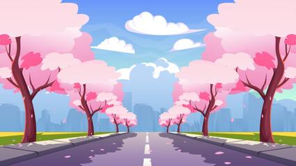 japanese road near green park through sakura trees with falling petals. Cherry blossom, cityscape view vector cartoon background.