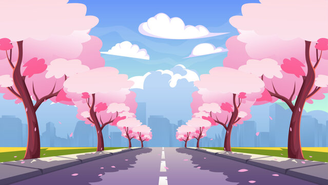 japanese road near green park through sakura trees with falling petals. Cherry blossom, cityscape view vector cartoon background.