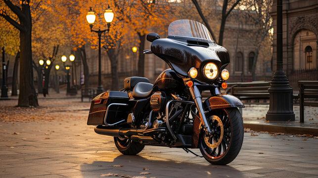 Motorcycle amidst autumn scenery, warm evening glow