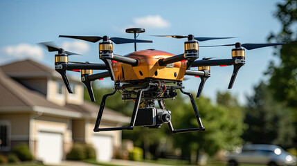 High tech delivery drone capturing neighborhood views