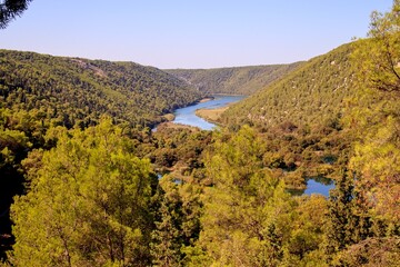 A view to the national park Krka with the river in valley at Krka, Croatia