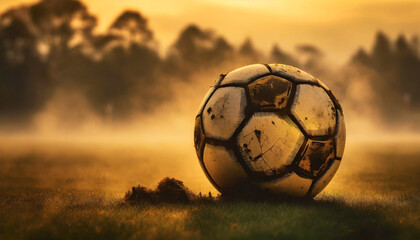 Close-up of and old leather soccer ball on a meadow at sunset or sunrise, seen from below with...
