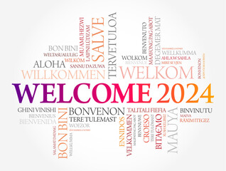 WELCOME 2024 word cloud in different languages, conceptual background