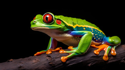 Tree frog on a branch, in excited style - obrazy, fototapety, plakaty