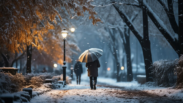 Snowy weather environment, Person walking on cold day in winter through a road with umbrella and surrounded by white snow	
