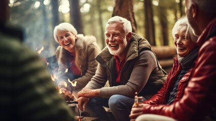A Candid capture of joyful senior citizens enjoying companionship at a social club. Collect friendships and fun during camping adventures in misty forests and lakes.