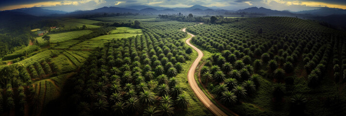 Panoramic view of large palm plantation. Deforestation rainforest for sake of oil palm plantations. Banner. Arial view.