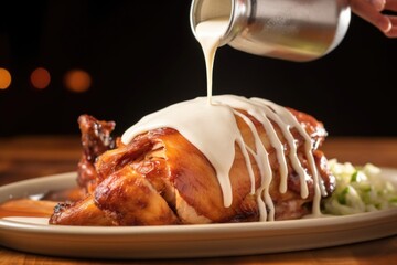 close-up of white bbq sauce being poured on alabama chicken