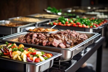 Catering Buffet With Grilled Meat In Indoor Restaurant - obrazy, fototapety, plakaty