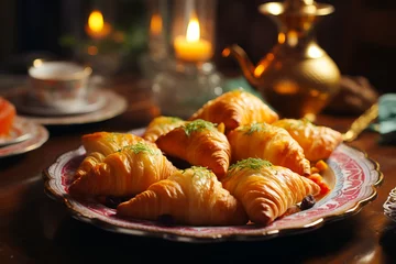 Foto op Plexiglas national Asian pastry, meat samosa served on the table © zamuruev