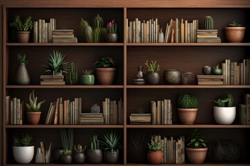 Fototapeta na wymiar Contemporary Bookshelf Adorned With Plants, Perfect For Virtual Or Printed Backgrounds