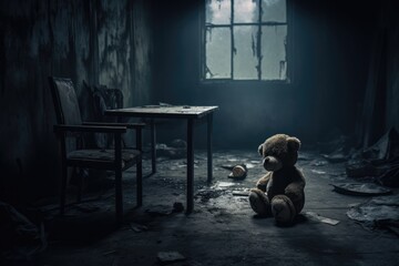 Dark, Abandoned Room With Lonely Child And Teddy Bear