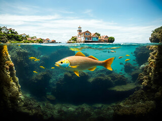 a large fish swimming in water with a picturesque island and houses on the sur - obrazy, fototapety, plakaty