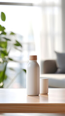 Mockup concept of cosmetic container on wooden table with blurred background, soft color and modern look