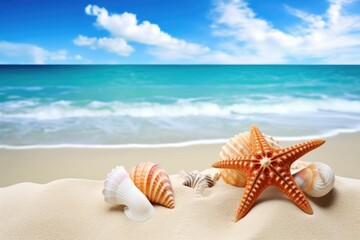Fototapeta na wymiar starfish and seashells on pristine sandy beach