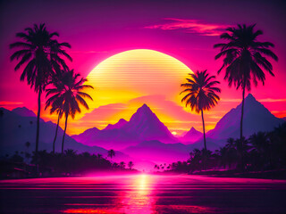 a vibrant retro-futuristic scene with silhouetted palm trees and mountains against a neon-lit sky