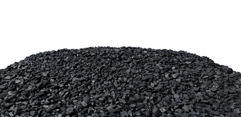 Large pile of black coal from a mine, isolated on a white background. Solid fuel. Energy industry.
