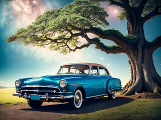 a classic car parked beside a massive tree with a surreal backdrop of a starry sky