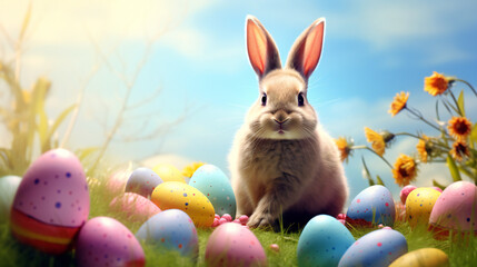 Fototapeta na wymiar Easter Bunny on green landscapes with many Easter eggs and flowers Ai Generated 
